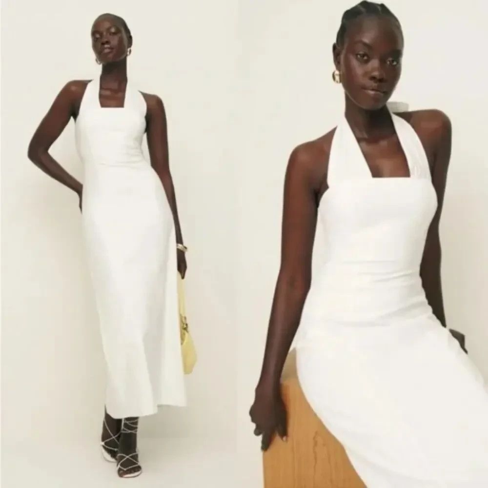New Reformation Bessi Halter Cotton White Midi Dress Size 10 - Picture 2 of 9